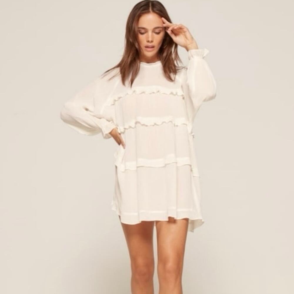 Reformation Victoria Ivory White Ruffle Tiered Long Sleeve Sheer Mini Dress